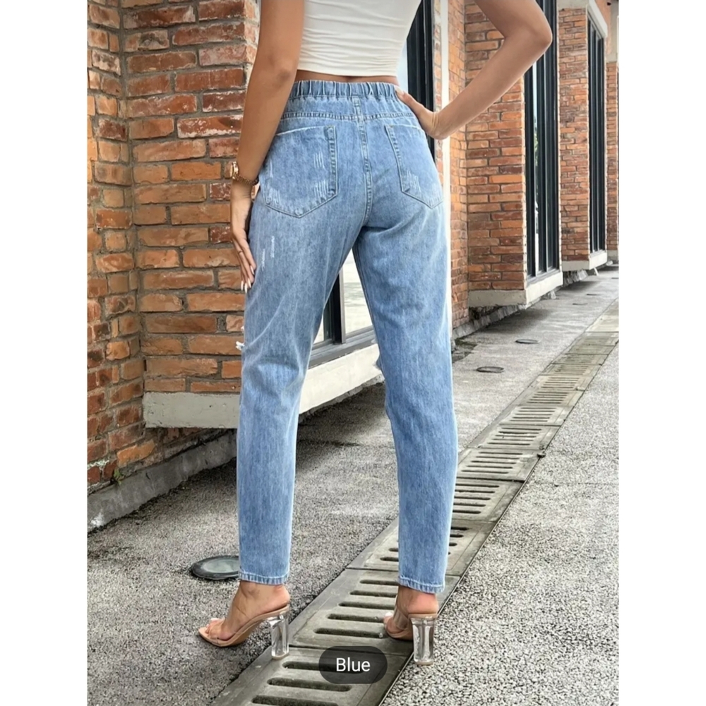 NWT Women's Light Blue Distressed Drawstring Denim Jeans - Picture 3 of 3
